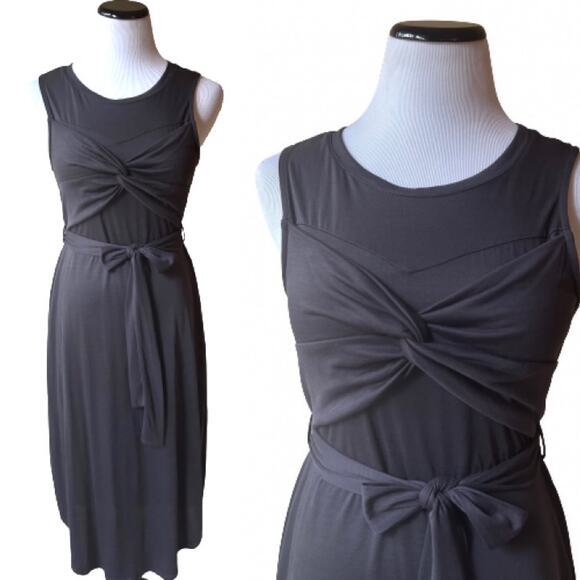 NWOT Dee Elly Charcoal Grey Twist Knot Front Midi Dress with Self Belt. Size M - Picture 4 of 10